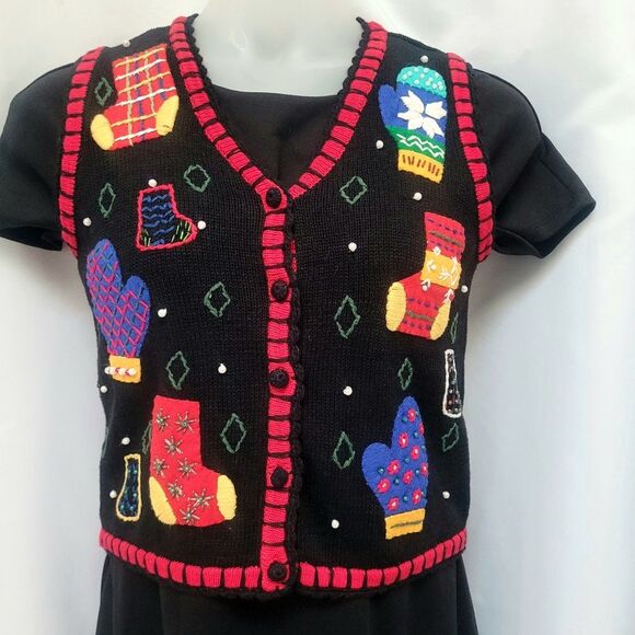 VTG Hampshire Studio Ugly Christmas Sweater Vest 5 Button Embellished Size P New - Picture 1 of 10
